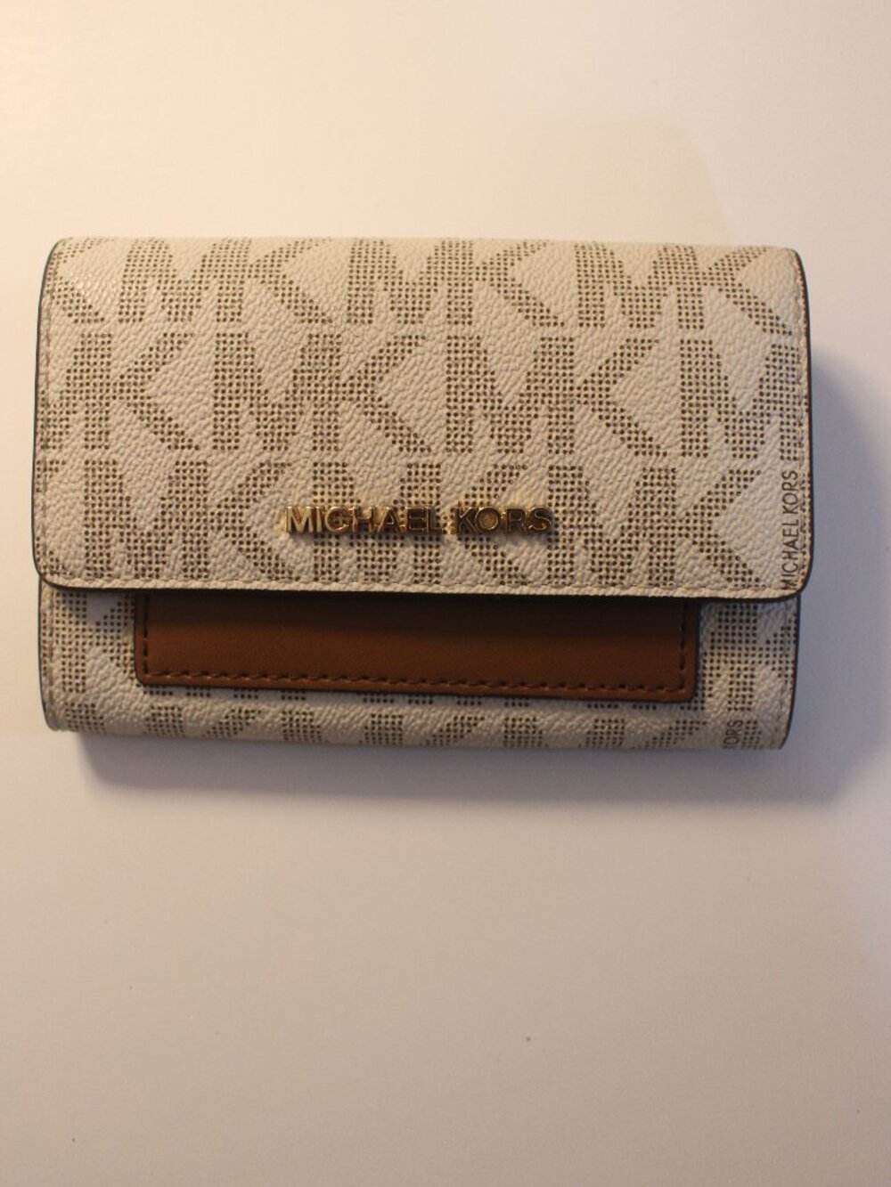 Michael Kors Vanilla Signature MK Compact Flap Wallet with Tan Trim